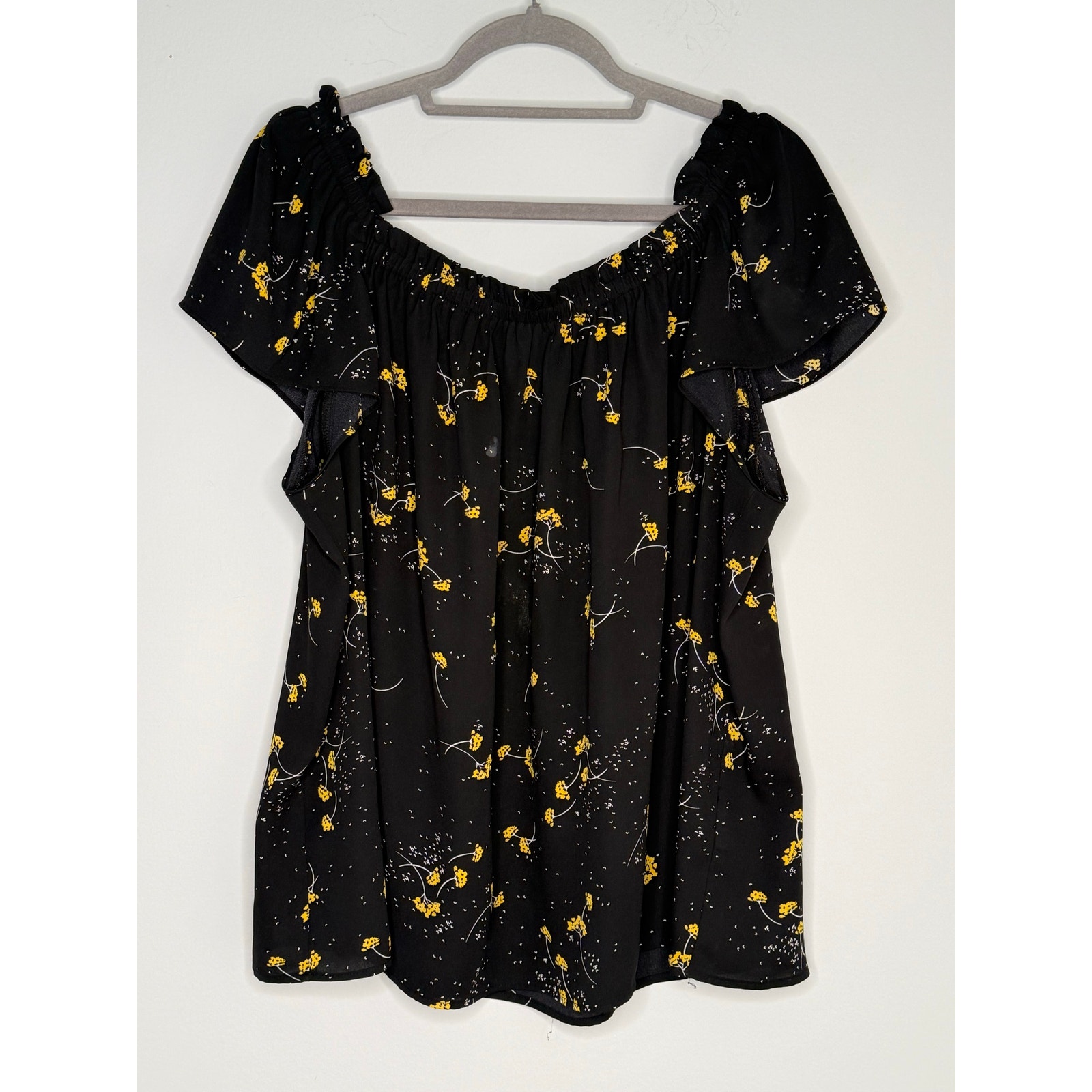 Cece Black Yellow Floral Boat Neck Capsleeve Peasant Top 2x Coquette Cottagecore